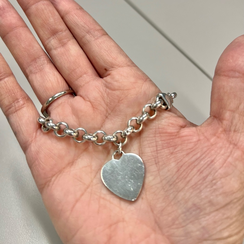 Vintage 925 Sterling Silver Heart Tag Charm Bracelet 7.75" - Picture 9 of 16